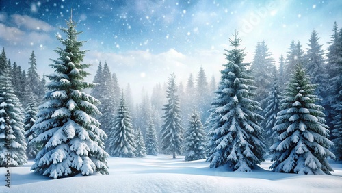 Snowy forest landscape with towering evergreen trees and soft white snowfall, peaceful scene, cold weather