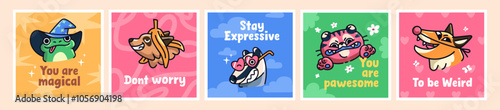 Comic card designs with cute baby animals and phrases of wishes set. Postcards with happy muzzles of adorable frog, raccoon, fox. Templates with different funny characters. Flat vector illustrations