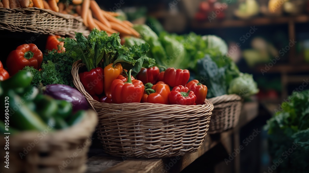 Freshly harvested vegetables fill woven baskets in a bustling local market. Bright peppers, leafy greens, and carrots create a vibrant scene inviting customers to explore and shop