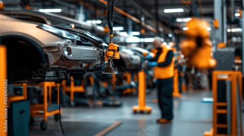 Wallpaper Mural Industrial robotic arm assembling car parts in an automobile manufacturing plant with a technician in the background. Torontodigital.ca
