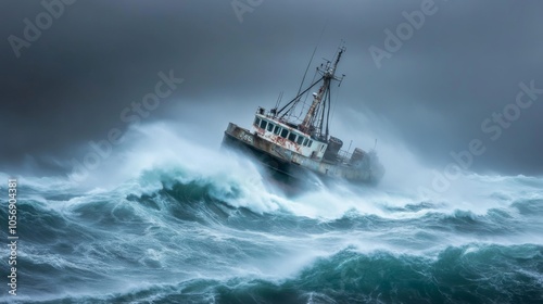 An old weathered fishing vessel battles a raging sea