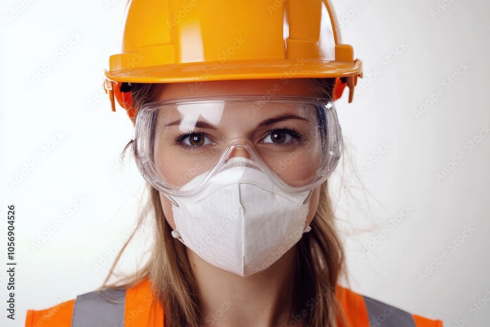 Woman in hard hat and safety glasses on construction site Woman in hard hat and safety glasses on construction site