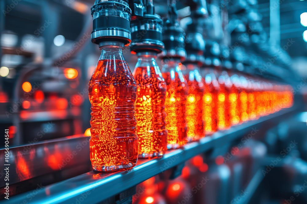 A vibrant production line featuring bottles of fizzy beverage illuminated with a striking reddish hue, showcasing the industrial beverage manufacturing process. A vibrant production line featuring bottles of fizzy beverage illuminated with a striking reddish hue, showcasing the industrial beverage manufacturing process.