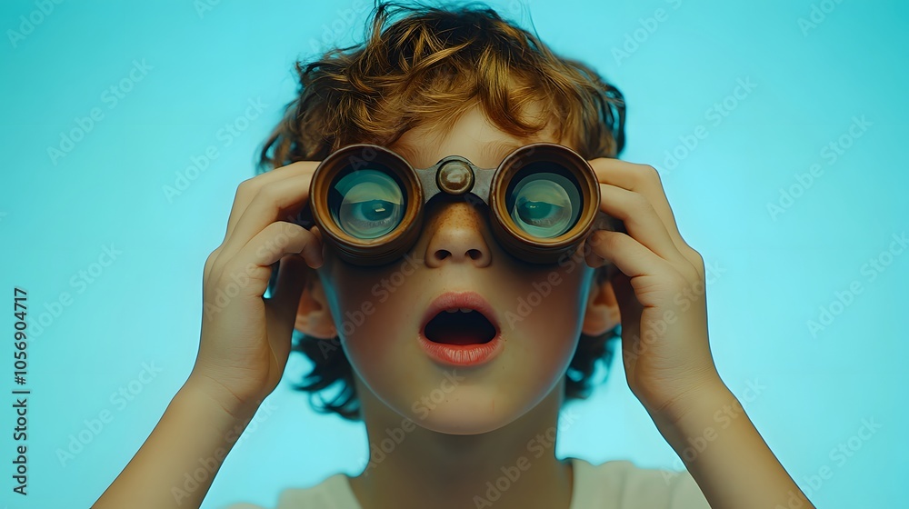 A young boy, filled with excitement and surprise, peers through binoculars, his mouth open in awe, as he explores something unknown. A young boy, filled with excitement and surprise, peers through binoculars, his mouth open in awe, as he explores something unknown.