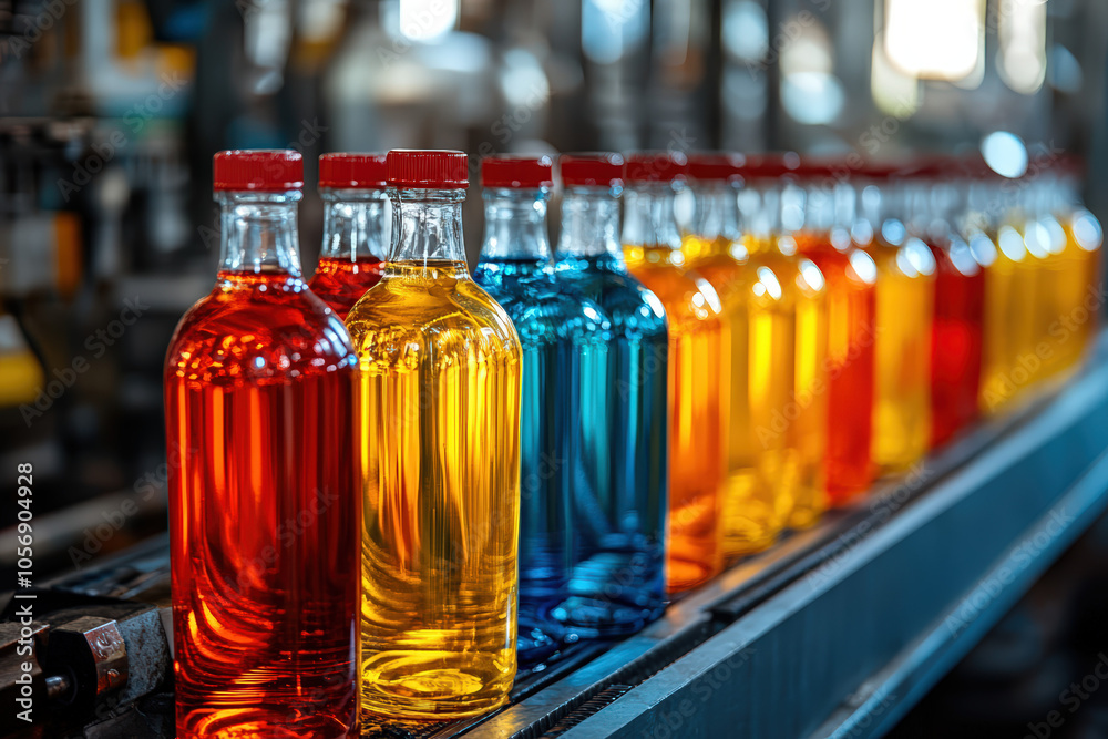 A vibrant line of colorful bottles filled with assorted liquids, showcasing a factory setting with a focus on production and variety. A vibrant line of colorful bottles filled with assorted liquids, showcasing a factory setting with a focus on production and variety.