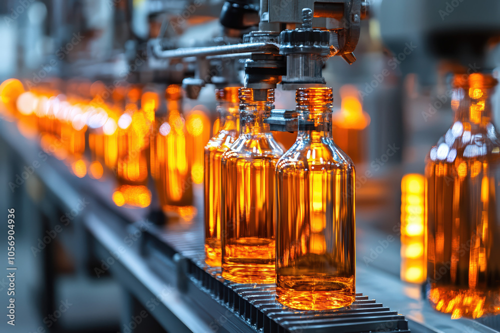 A production line with amber bottles being filled, showcasing a modern bottling process in a manufacturing facility. A production line with amber bottles being filled, showcasing a modern bottling process in a manufacturing facility.
