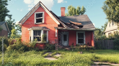 Abandoned Red House with Damaged Roof and overgrown Yard