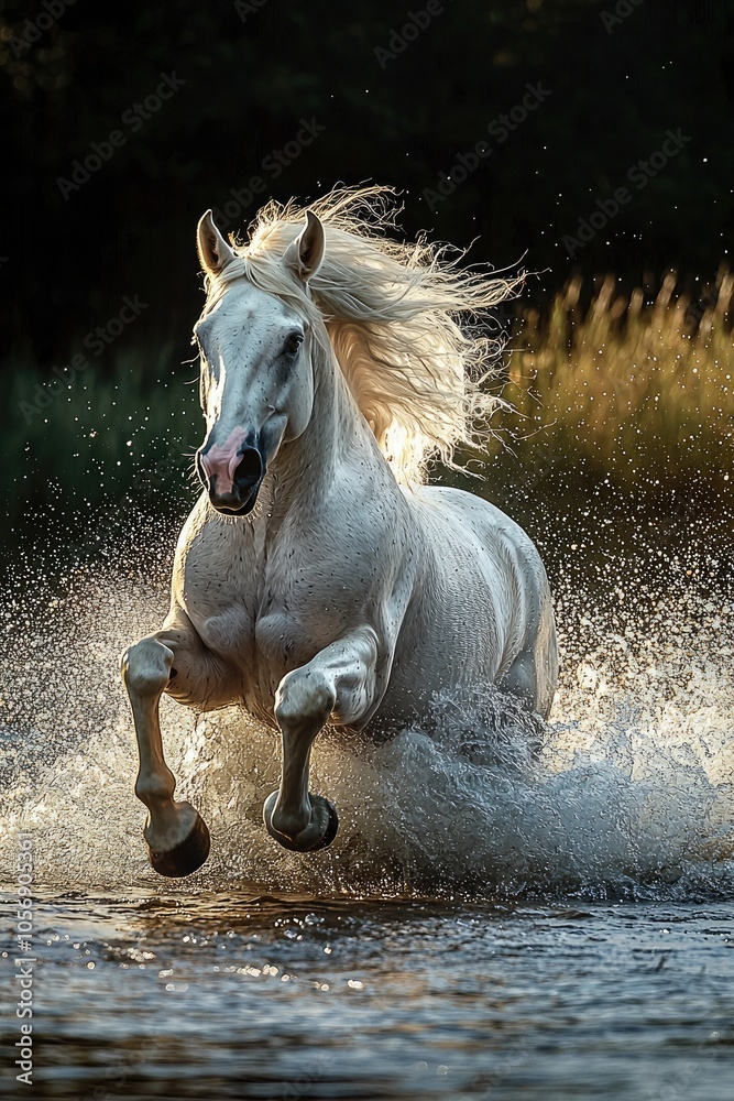 Beautiful white horse gallops through the water and its long mane flowing Beautiful white horse gallops through the water and its long mane flowing