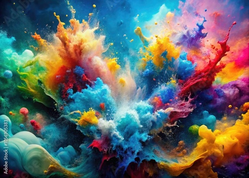 Aerial View of Vibrant Watercolor Splashes Merging with Abstract Forms in a Colorful Fusion of Chaos and Expression for Experimental Art Enthusiasts