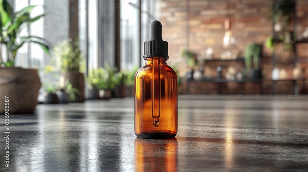 An amber glass dropper bottle on a polished surface in a bright space. An amber glass dropper bottle on a polished surface in a bright space.