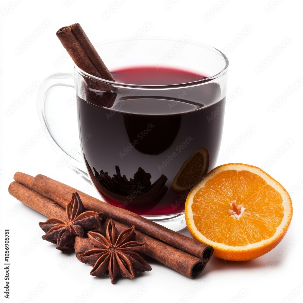mulled wine with orange slice and cinnamon on white isolate background mulled wine with orange slice and cinnamon on white isolate background