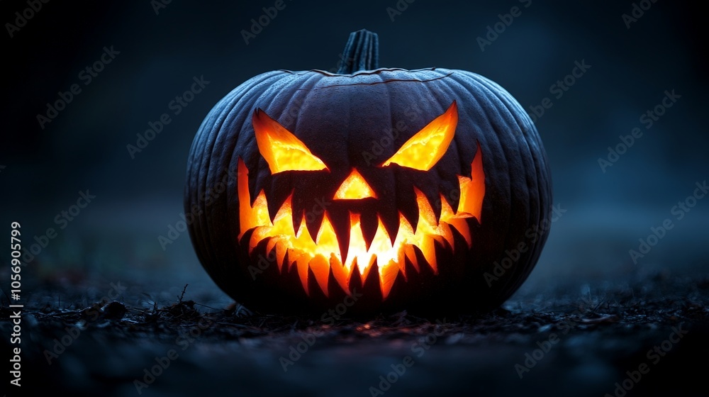 Glowing Jack-O-Lantern Halloween pumpkin in dark spooky atmosphere Glowing Jack-O-Lantern Halloween pumpkin in dark spooky atmosphere