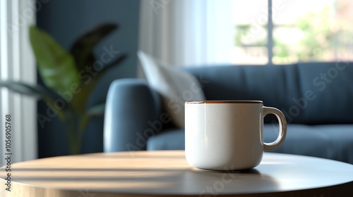 A serene morning scene with a white coffee mug on a wooden table, set against a cozy living room background and natural light.