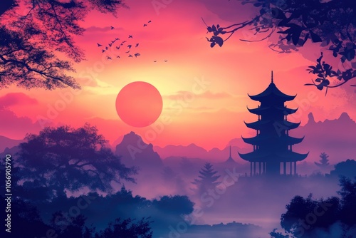 A serene landscape featuring a pagoda at sunset