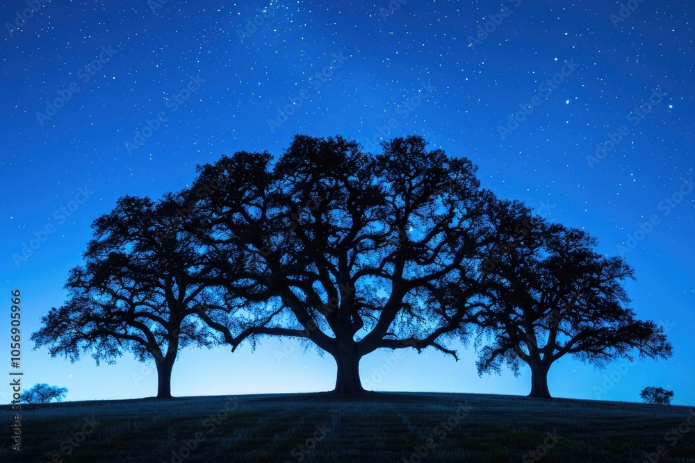 A group of trees standing tall on a lush green hillside, surrounded by nature A group of trees standing tall on a lush green hillside, surrounded by nature