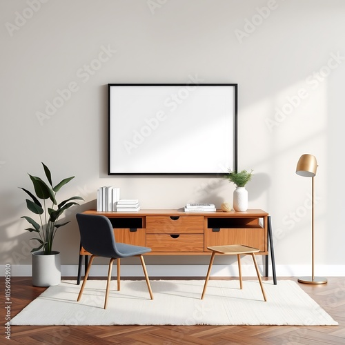 Modern living room interior with a wooden console, a chair, and a floor lamp on a white rug.