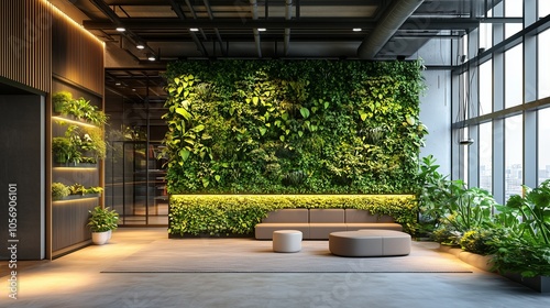 A large wall of plants and a couch in a room with a lot of natural light. The room has a modern and sophisticated feel to it