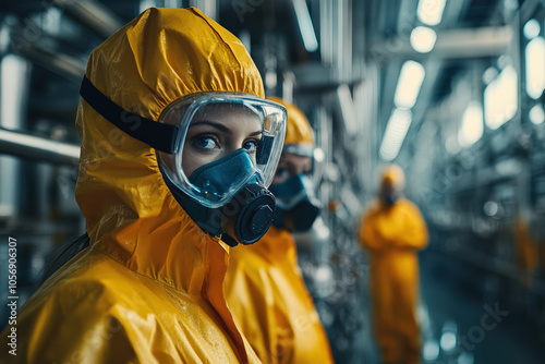 A person in a bright yellow protective suit and mask stands in an industrial environment, conveying themes of safety and caution.