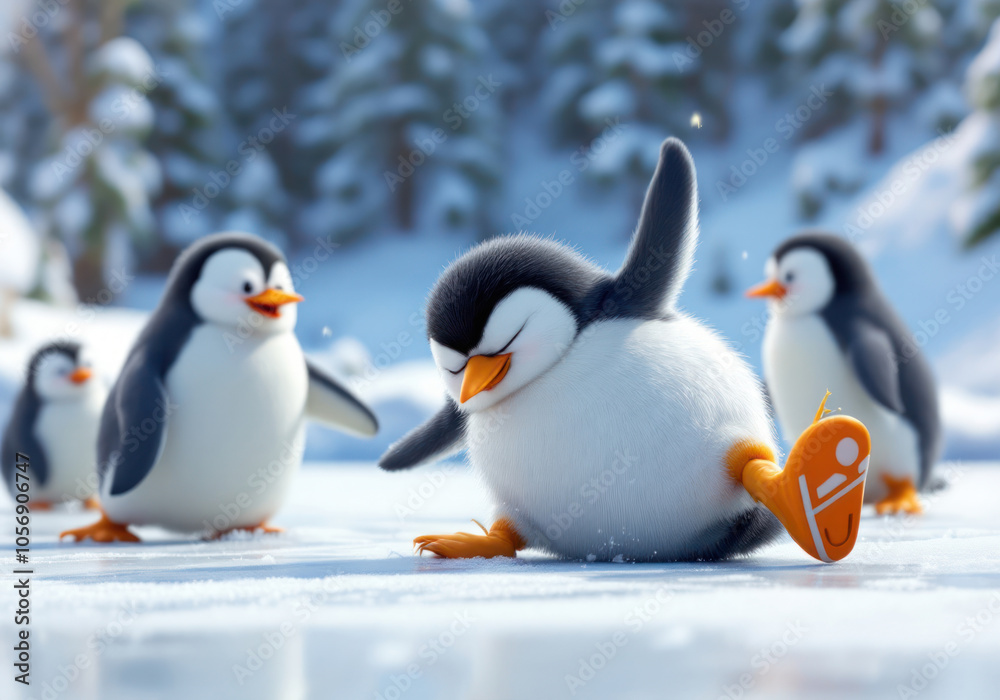 Obraz premium Cute Penguins Sliding on Ice