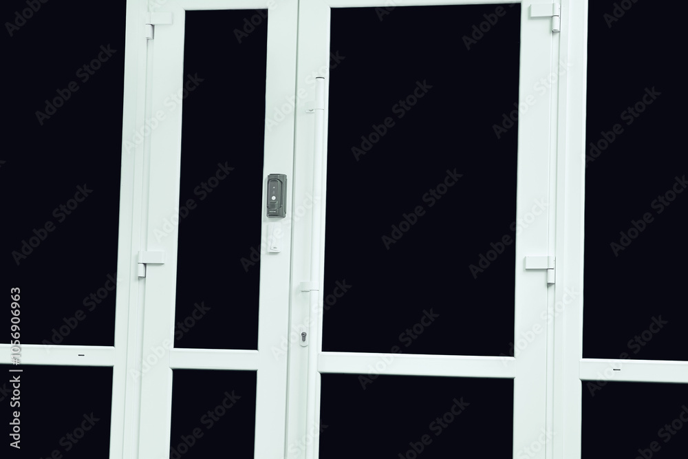 Metal plastic facade doors with a bell, video communication on black Metal plastic facade doors with a bell, video communication on black