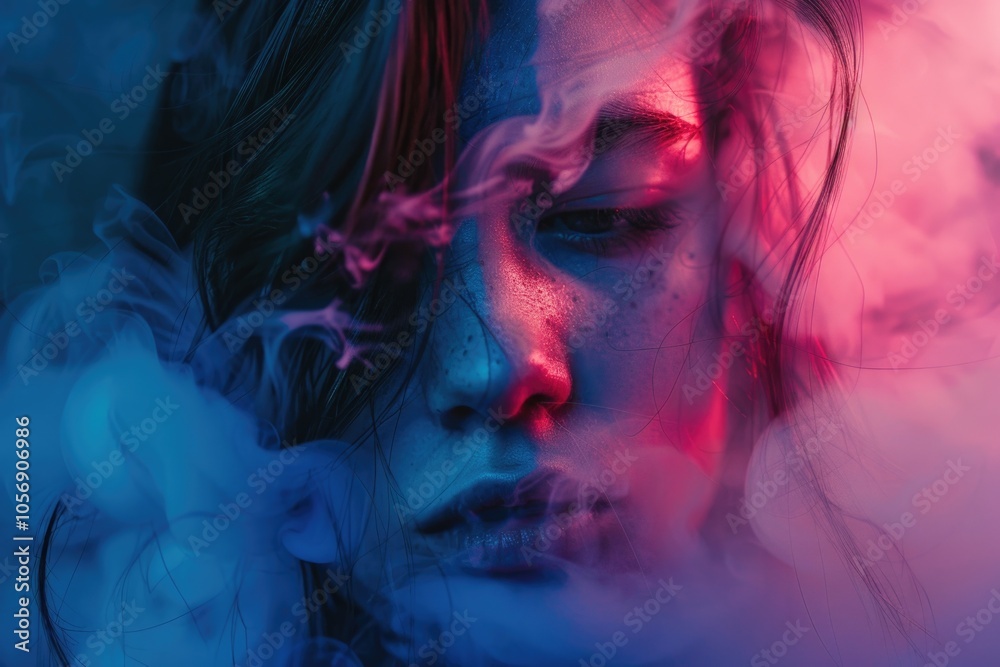 A woman with a strange phenomenon happening on her face where smoke is visible A woman with a strange phenomenon happening on her face where smoke is visible