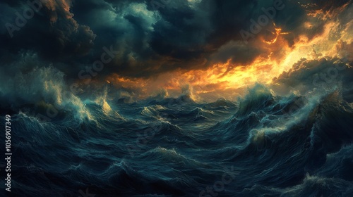 Stormy Sea with Fiery Sky at Sunset