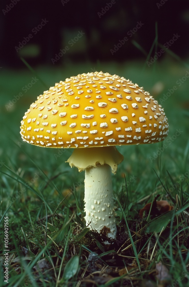 A large yellow mushroom with white spots sits on the grass A large yellow mushroom with white spots sits on the grass