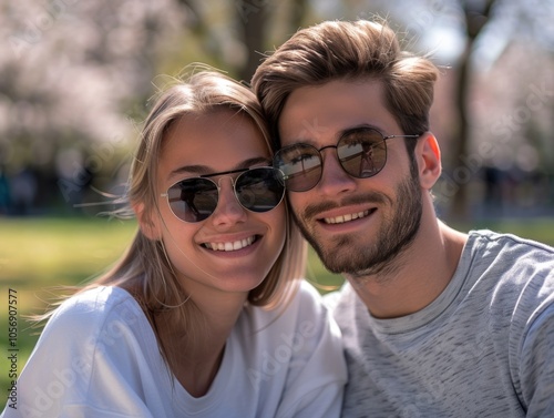 Young Couple Enjoying Sunny Day at the Park with Cherry Blossoms