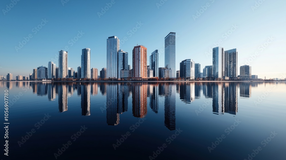 Panoramic skyline of high-rise buildings reflecting in calm water on a clear day, with a blue sky backdrop and urban architectural landscape.