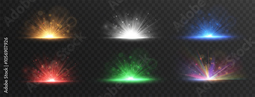 Glowing bright light explosion effect.  Crystal The effect of a bright flickering flash of light on a transparent background with rays and highlights. Vector illustration. Lens explosion, spark, spark