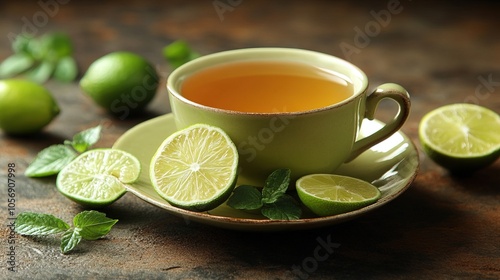 Cup of herbal tea with fresh lime slices on a rustic surface