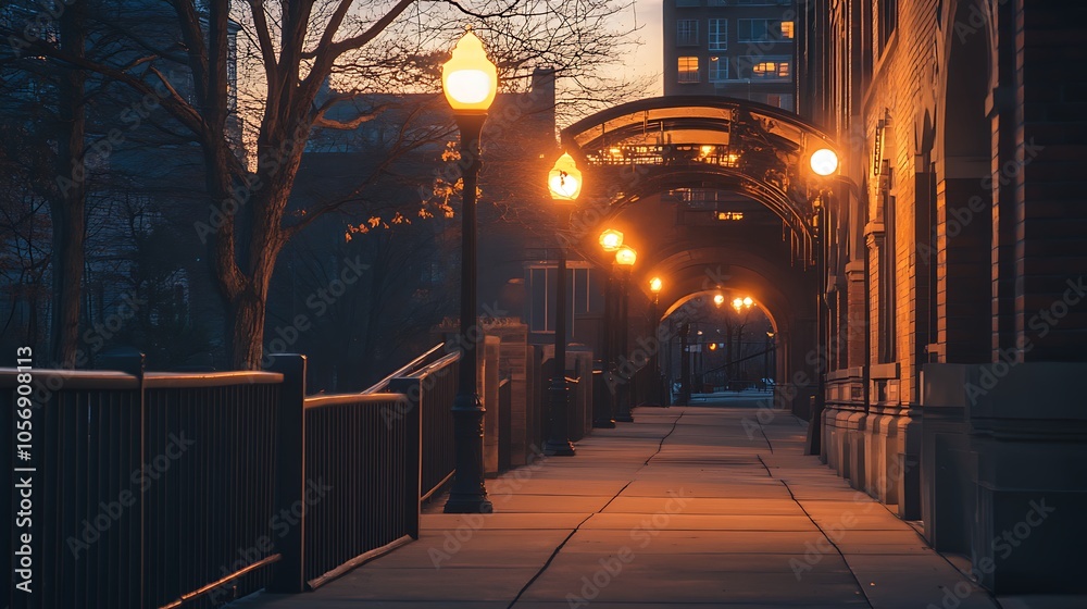 An empty walkway lined with streetlights leads past an archway and into a dimly lit city at dusk. The street is illuminated by the warm glow of the lampposts. An empty walkway lined with streetlights leads past an archway and into a dimly lit city at dusk. The street is illuminated by the warm glow of the lampposts.