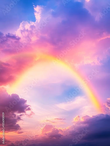 A vibrant sunset sky features soft, swirling clouds in shades of pink, purple, and blue, culminating in a stunning rainbow, Perfect for backgrounds, inspirational quotes, or themes of hope and beauty photo