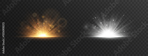 Glowing bright light explosion effect.  Crystal The effect of a bright flickering flash of light on a transparent background with rays and highlights. Vector illustration. Lens explosion, spark, spark