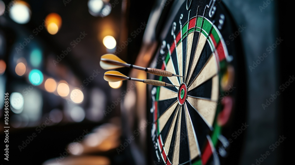 Close-up of a dartboard with two darts hitting the bullseye in a dimly lit environment, featuring a blurred background with colorful bokeh lights.