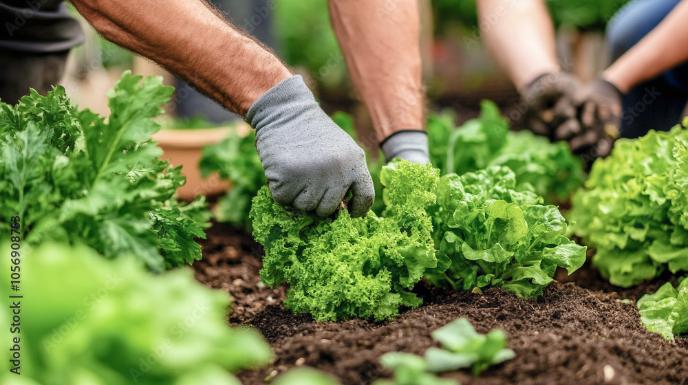 Fototapeta premium Manos cosechando lechugas frescas en huerto, cuidando y recolectando vegetales de manera orgánica