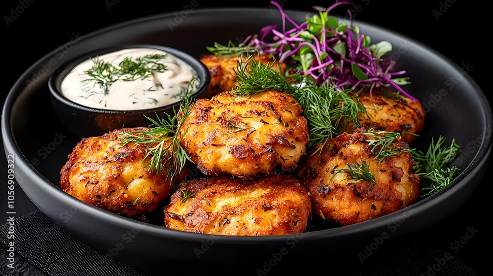 Delicious Latkes Garnished with Dill and Sauce Delicious Latkes Garnished with Dill and Sauce