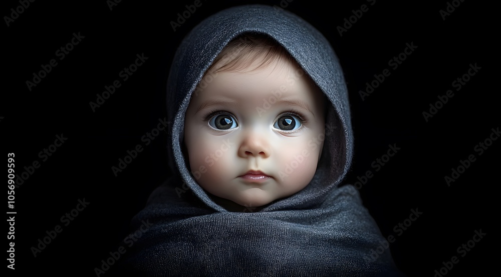 Wrapped in a soft, dark blanket, this beautiful baby gazes forward with wide, expressive eyes that hold a depth of innocence and wonder. 