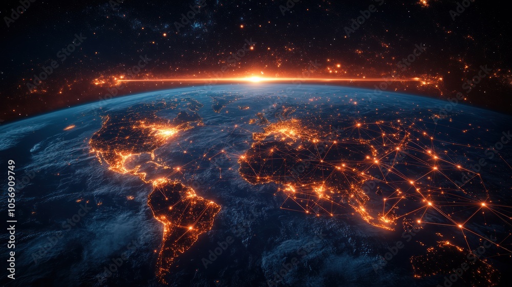 A stunning view of Earth illuminated by city lights at night. A stunning view of Earth illuminated by city lights at night.
