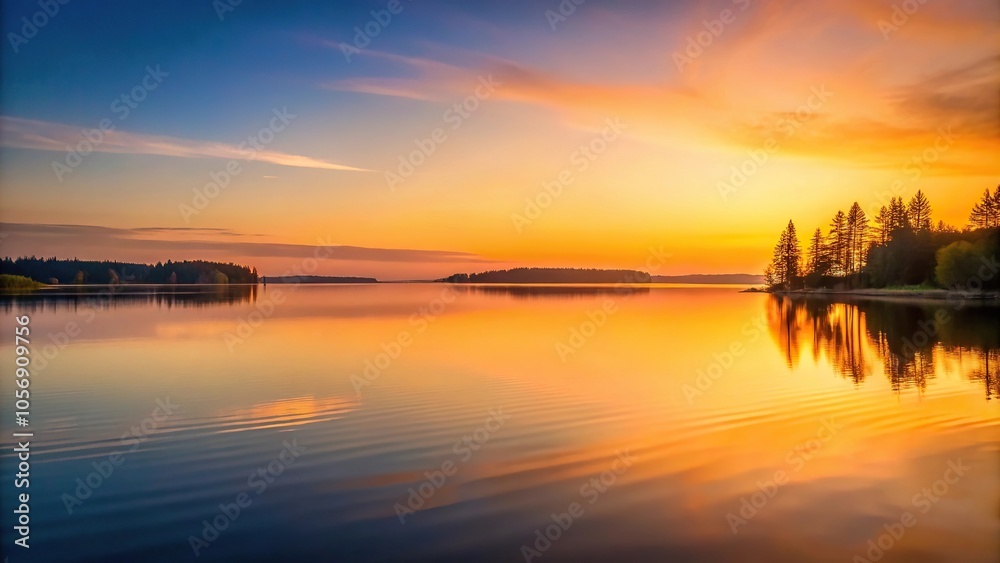 Soft orange hues of sunset on a calm lake at dusk, evening, lake, reflection, sky, twilight Soft orange hues of sunset on a calm lake at dusk, evening, lake, reflection, sky, twilight