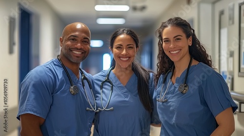 Three nurses are smiling and posing for a photo. They are all wearing blue scrubs and have stethoscopes around their necks. Scene is happy and friendly