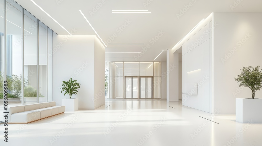 Minimalist and Elegant Office Lobby with Large Windows Minimalist and Elegant Office Lobby with Large Windows