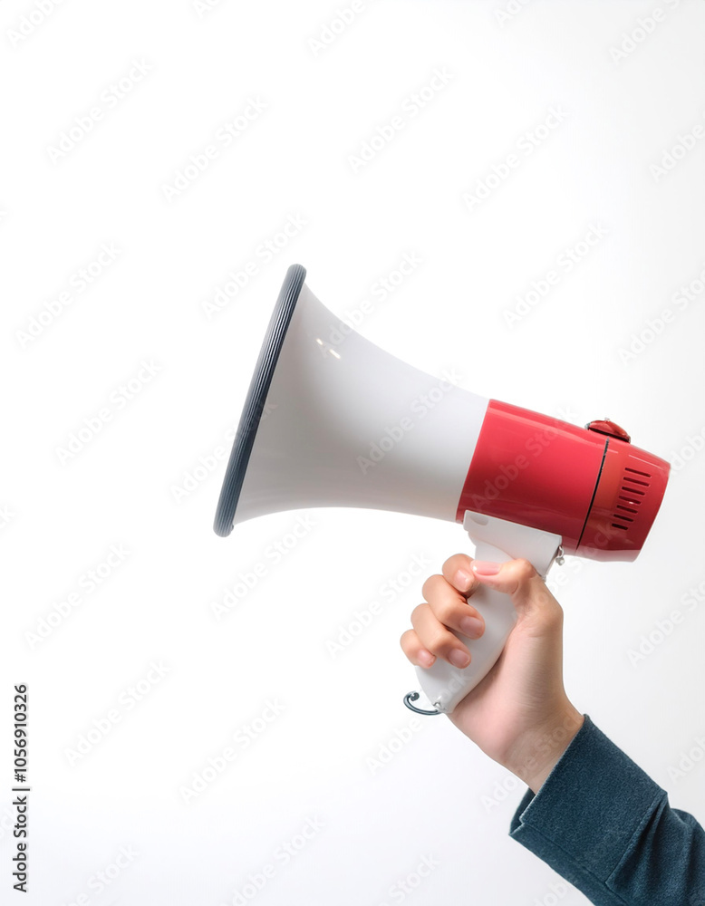 Close up hand holding megaphone on side position provides copy space for text. background concept isolated white Close up hand holding megaphone on side position provides copy space for text. background concept isolated white