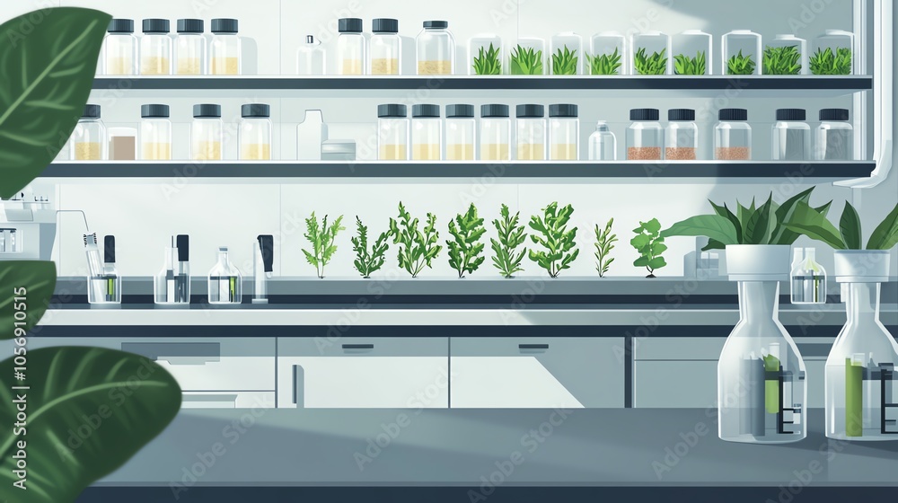 Modern laboratory interior with plants, shelves, and jars. Clean, bright space for research and botanical experiments. Modern laboratory interior with plants, shelves, and jars. Clean, bright space for research and botanical experiments.