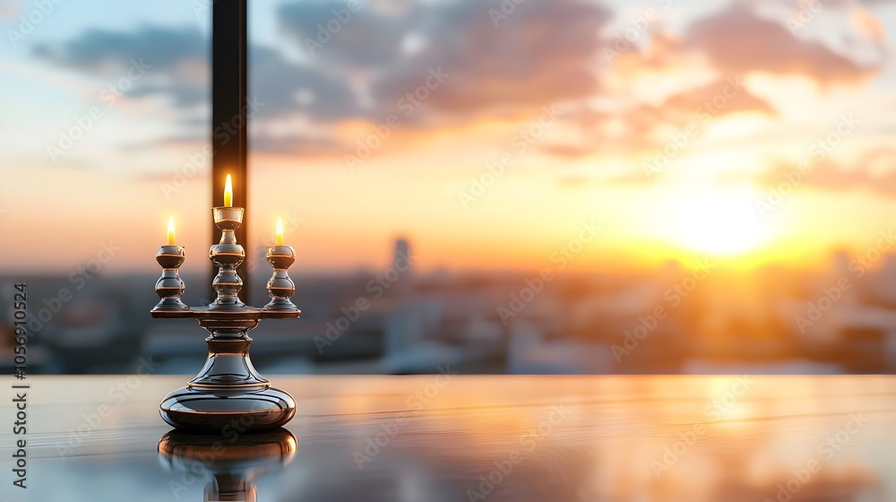 Menorah by Window at Dusk with Warm Sunset Glow Menorah by Window at Dusk with Warm Sunset Glow