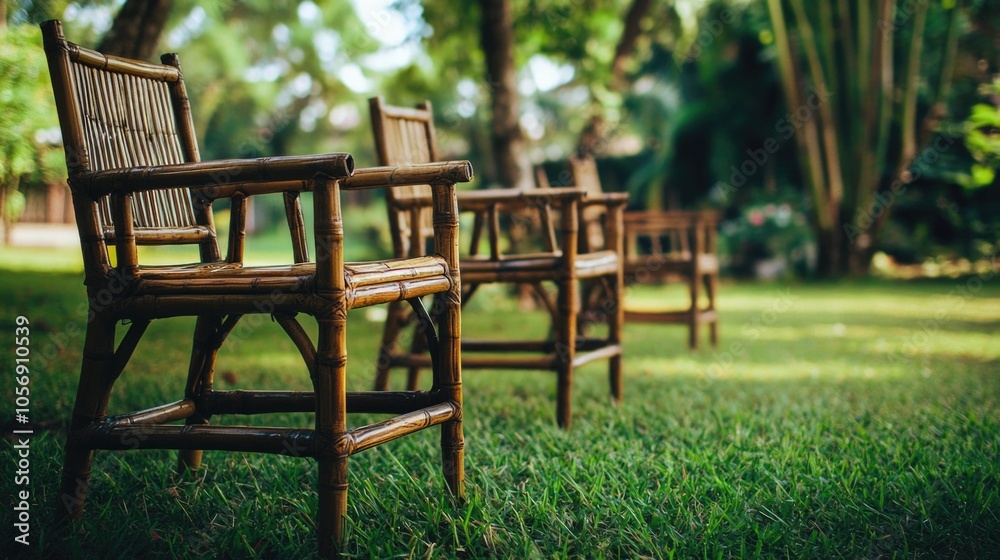 A row of wooden chairs situated on a lush green grassy area A row of wooden chairs situated on a lush green grassy area