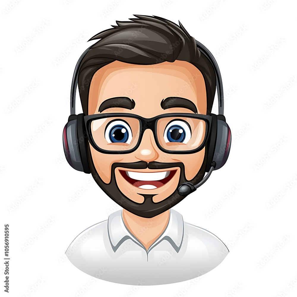 Cartoon employee with a headset on, smiling and providing customer ...