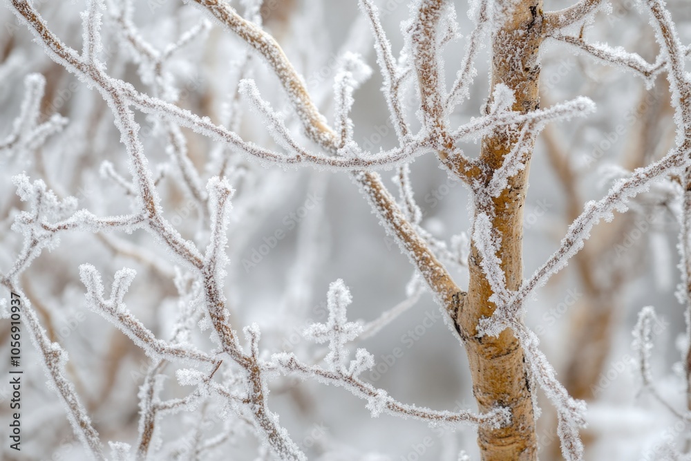 Frosty tree branch with intricate ice crystals Frosty tree branch with intricate ice crystals
