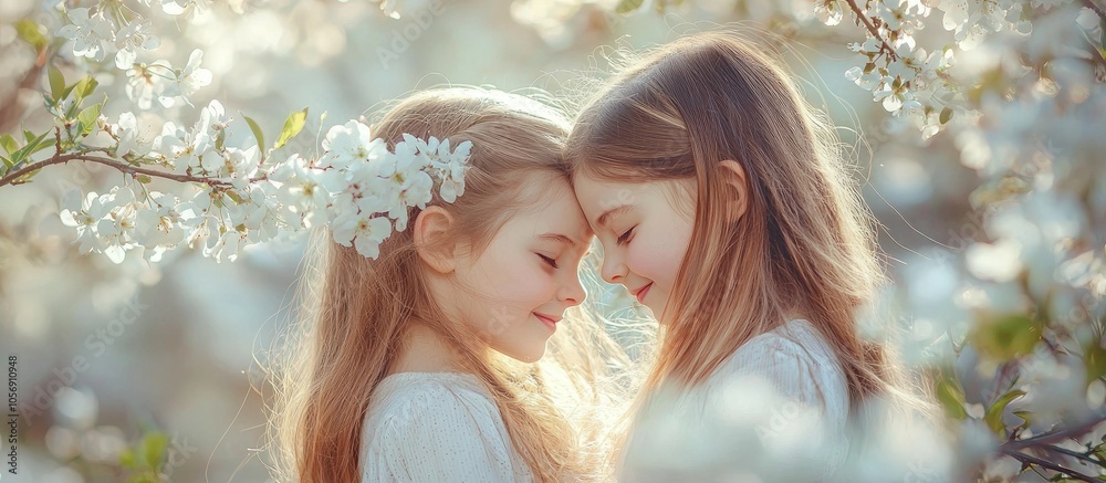 Naklejka premium Two Long Haired Girls Sisters Or Girlfriends Cuddle In The Garden With Flowering Trees The Beauty Of Spring Nature Children S Friendship