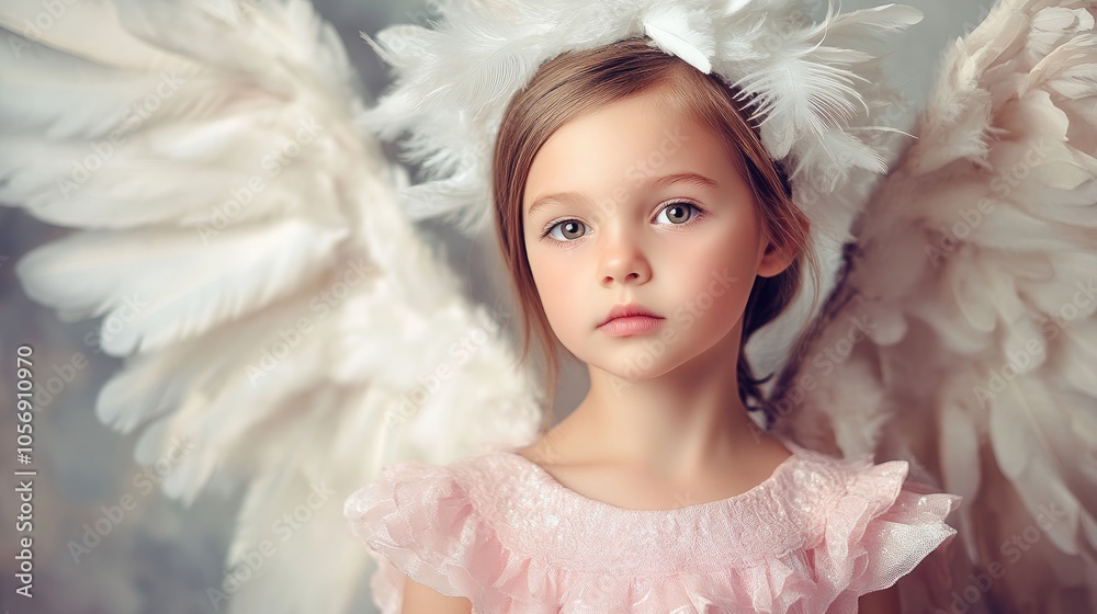 Charming young girl in a pink dress adorned with white feathers on her head and angelic wings on her shoulders Charming young girl in a pink dress adorned with white feathers on her head and angelic wings on her shoulders